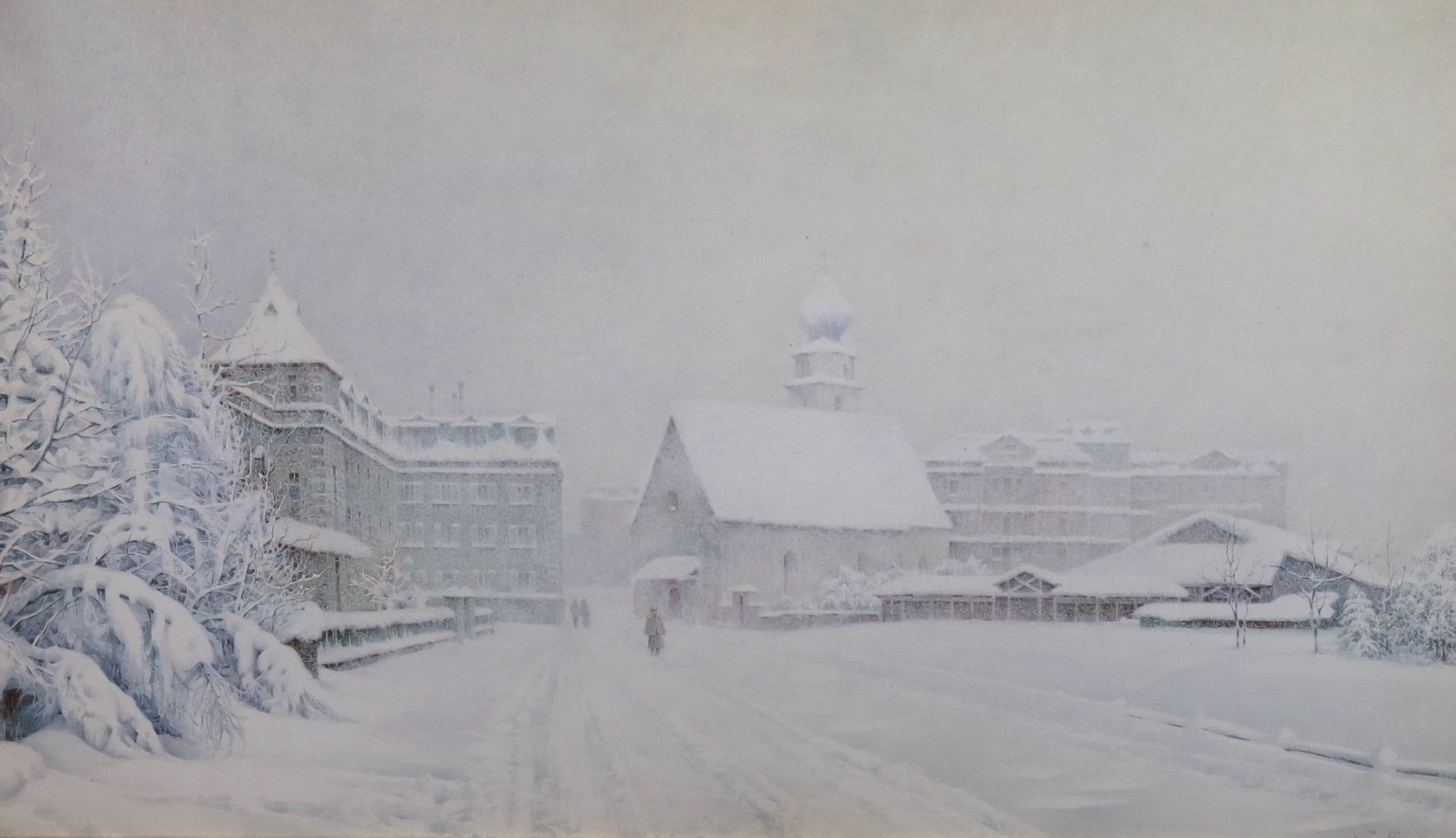 George Nelson RI (1864-1921)'Snowing in Davos, Switzerland', watercolour, signed and dated 18... 42 x 70cm